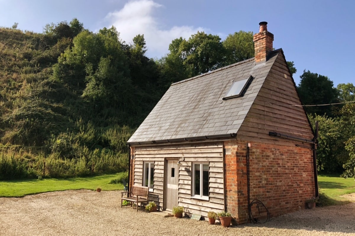 A charming cottage is positioned in a tranquil setting, surrounded by lush greenery and a hill in the background. The exterior features a combination of wooden siding and brick, with a sloped roof and a skylight. A gravel path leads to the entrance, adorned with potted plants.