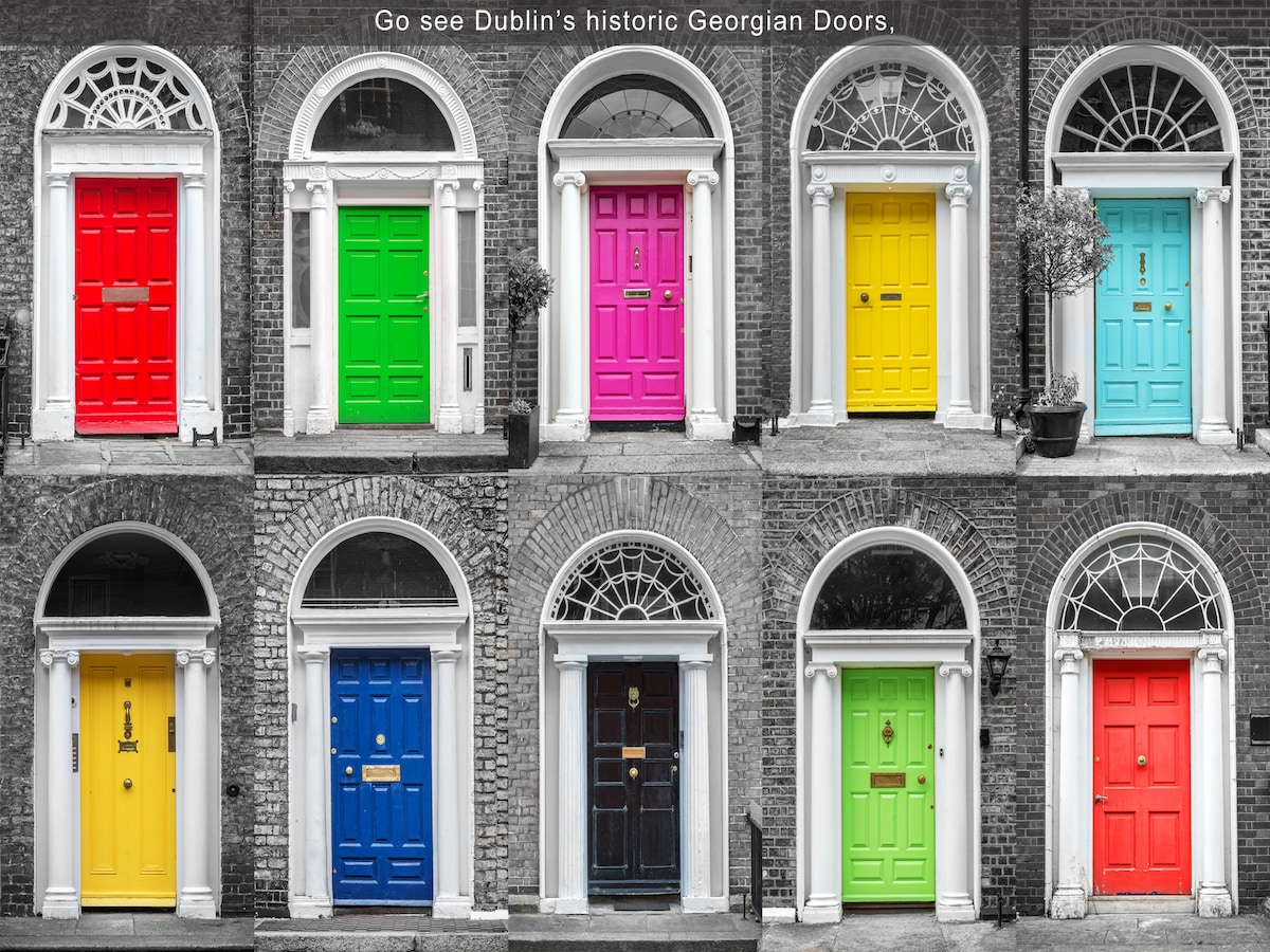 A collection of historic Georgian doors is displayed, showcasing vibrant colors such as green, yellow, pink, and blue. These doors are set against a grey brick wall, with each door featuring decorative panels and a transom window above. Potted plants are placed beside some entrances.