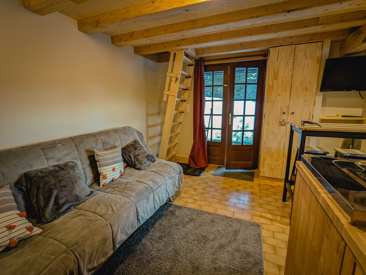 Living room/Kitchen with convertible sofa, TV, high table for 4 people