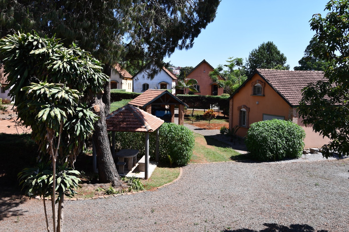 A scenic outdoor view features several colorful villas surrounded by greenery. A shaded gazebo is positioned among the trees, providing a relaxing spot. The gravel pathway leads through the vibrant landscape, connecting the various buildings nestled in this serene setting.