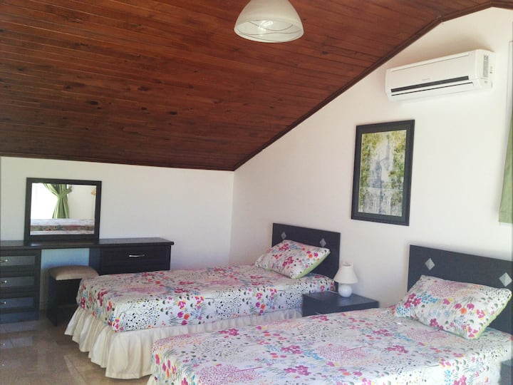 Спална соба 3 под стреата на најгорниот кат, има сопствена џакузи бања (неверојатни млазови за напојување, па не заборавајте да ја затворите стаклената околина!) и балкон. Клима уред.