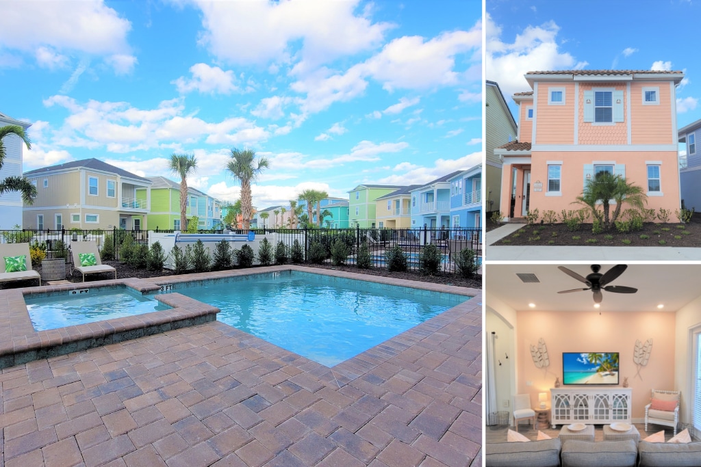 An inviting outdoor area is showcased with a clear swimming pool and hot tub, surrounded by a landscaped yard. The vibrant pastel-colored cottages create a cheerful atmosphere, with blue skies and scattered clouds visible above.