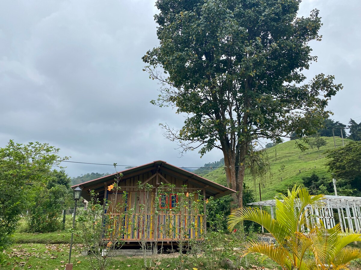 A cozy cabin with a wooden exterior is surrounded by lush greenery and a large tree. The cabin features a front porch with colorful decorations, while rolling hills can be seen in the background under a lightly clouded sky.