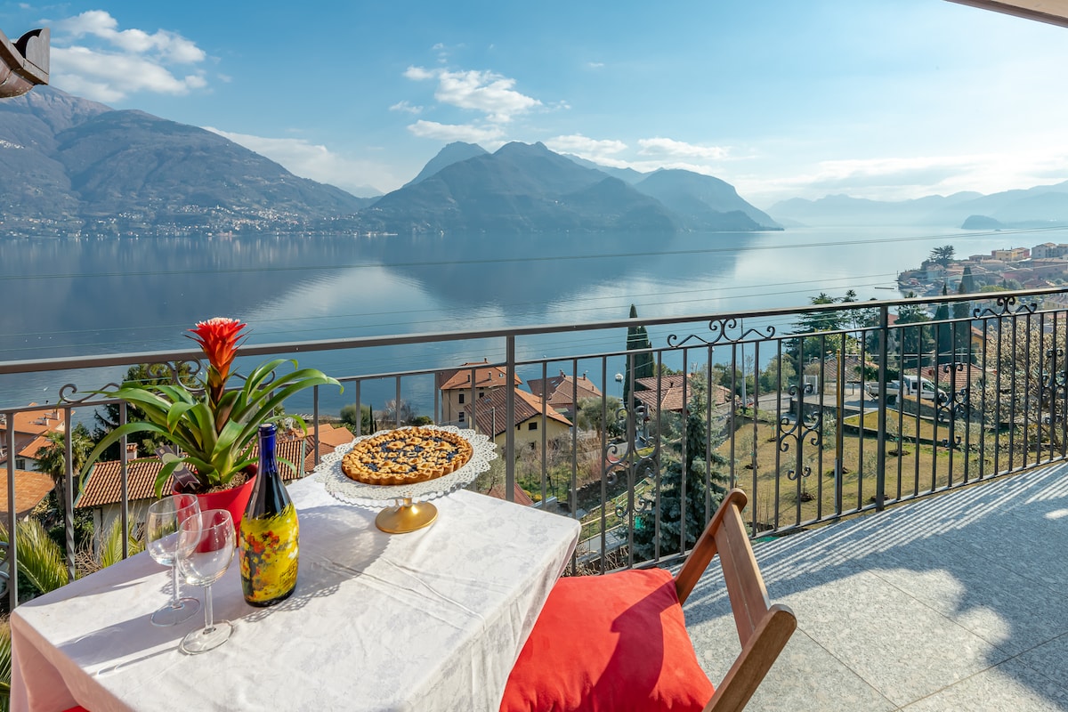 A table is set with a bottle of wine and glasses on a balcony overlooking a serene lake, framed by mountains in the background. A plant adds a touch of greenery, while the expansive view showcases the natural beauty of the surroundings.