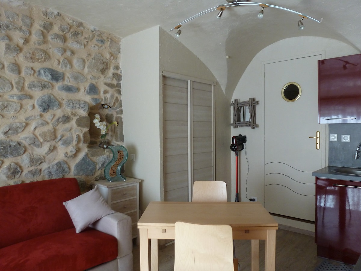 A cozy living space features a red sofa paired with a light wooden table and chairs. The arched ceiling complements the stone wall, providing a rustic touch. A kitchenette is visible, with modern cabinetry and a circular door adding character to the room.