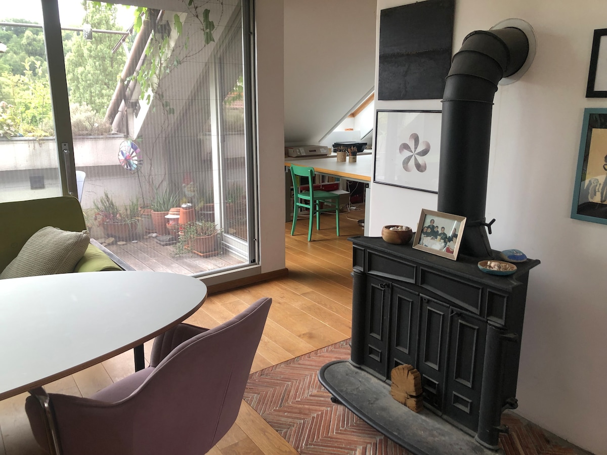 A cozy living space is highlighted by a vintage black stove, sitting on a patterned mat. Light streams in through expansive glass doors, with plants visible on a balcony outside. A small dining table with colorful chairs is positioned nearby.