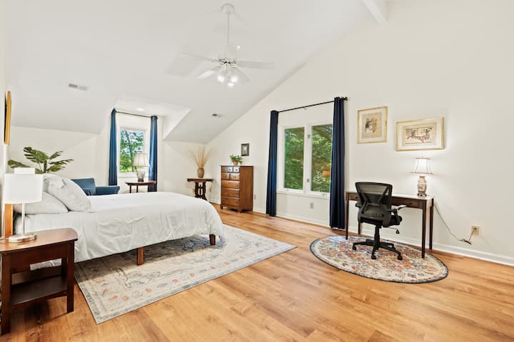 Upper Level North Bedroom with Queen Bed and desk work area
