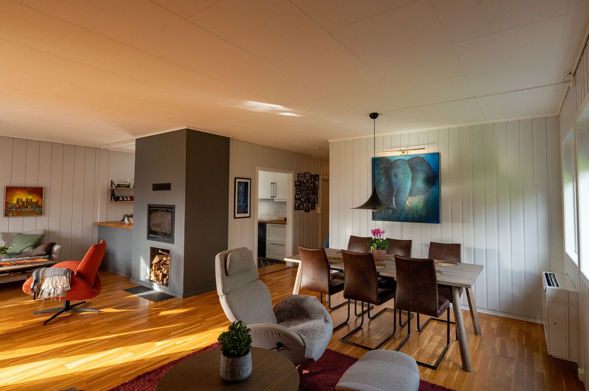 An open living and dining area features wooden flooring and light-colored paneling. A dining table with upholstered chairs is centered, while a cozy seating arrangement is presented in a corner. A painting of an elephant adorns the wall, and a fireplace adds warmth to the space.