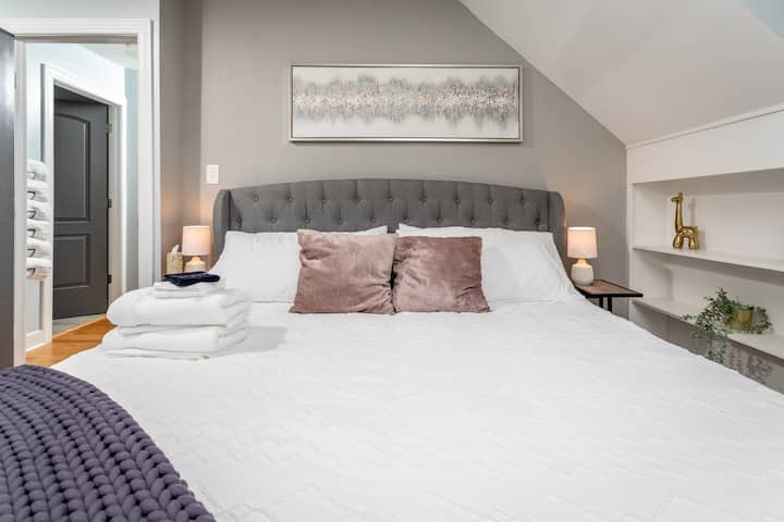 This bedroom has a very large closet with an air mattress and a Pack n' Play. It is ideal for those traveling with little ones.