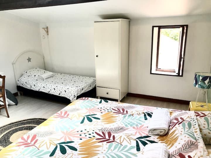 Bedroom 2 - a double bed + a single bed + a small desk