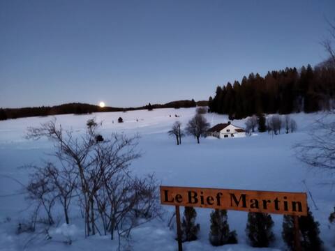 Secluded cross-country ski trail house with fireplace.