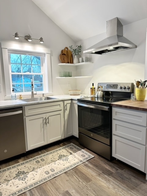 The kitchen features modern appliances, including a stainless-steel oven and range hood. Sleek cabinetry is complemented by wooden countertop accents. Open shelving displays various kitchenware, while a decorative rug adds a touch of warmth to the floor.