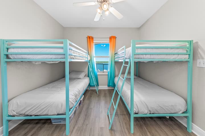 Guest bunk beds with beautiful bay views
