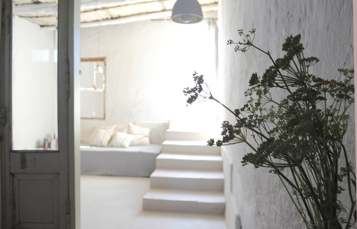 The entrance leads into a bright space showcasing soft light filtering through a window. A few steps ascend to an open lounge area furnished with neutral cushions. A delicate plant arrangement adds a touch of greenery to the inviting atmosphere.