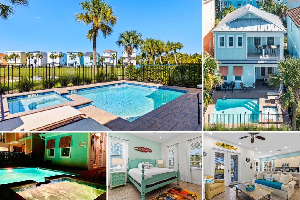 The outdoor area features a private heated pool and hot tub surrounded by a gated patio. Palm trees are visible in the background, adding a tropical feel. The cottage's exterior showcases a light blue color, with spacious views of the adjacent community.