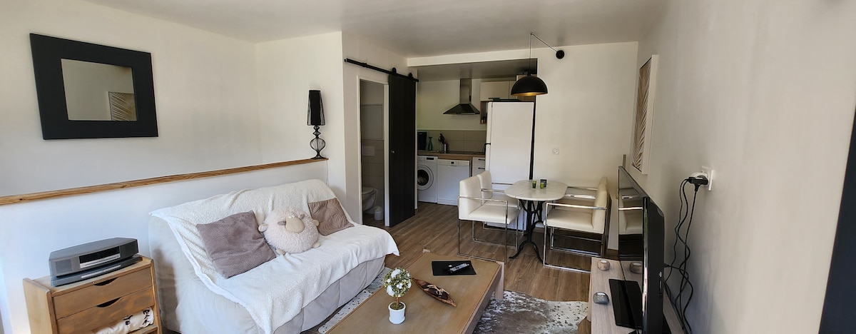 An open living area is observed, featuring a light-colored sofa and a wooden coffee table. A small dining table with chairs is positioned nearby. The kitchen area is visible in the background, with modern appliances and a doorway leading to another space.