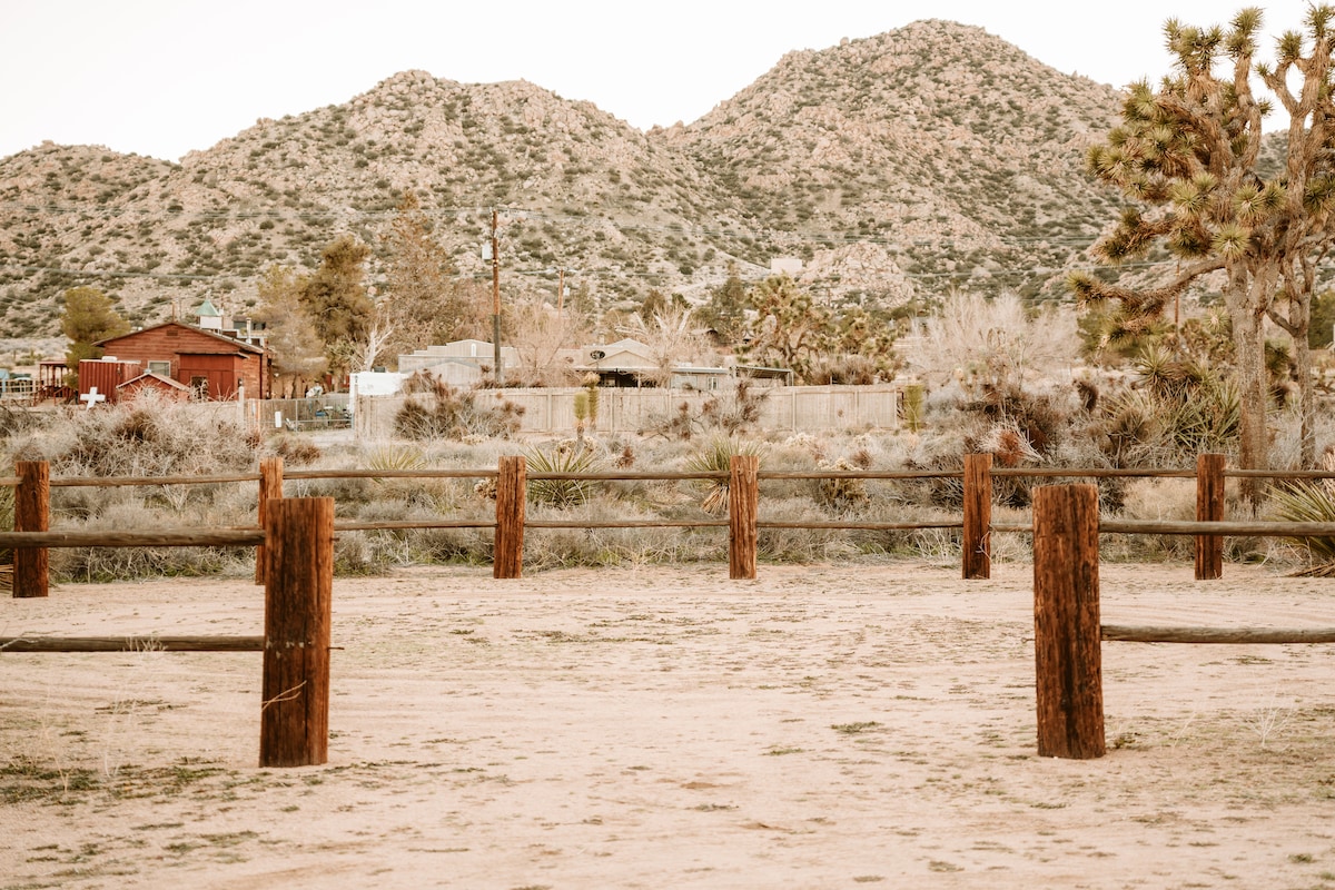 A rustic fenced area is surrounded by sandy terrain and desert vegetation, featuring weathered wooden posts. In the background, distant mountains rise under a pale sky, with hints of structures and greenery visible among the natural landscape.