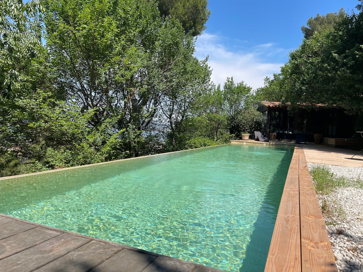 A serene swimming pool is surrounded by lush greenery, offering a refreshing escape. The clear water reflects the blue sky, while the wooden deck provides a natural transition to the surrounding landscape, emphasizing the tranquil setting ideal for relaxation.