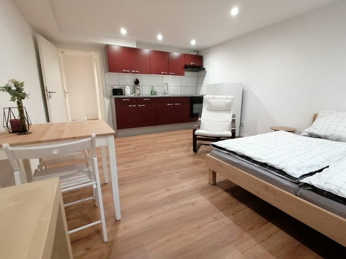 An open living space features a cozy seating area with a light chair and a small dining table. The kitchen is equipped with red cabinetry, a stovetop, and essential appliances. A spacious bed with a simple bedding arrangement is visible, and warm wood flooring extends throughout the area.