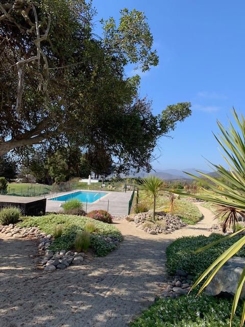 A landscaped garden pathway winds through vibrant greenery, leading to a tranquil swimming pool surrounded by a gated area. Palm trees and various shrubs enhance the natural scenery, while distant hills are visible under a clear blue sky.