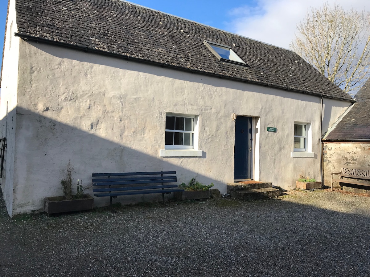 The exterior of the cottage is presented with a light-colored facade, bordered by gravel. A blue bench is positioned in front, providing a place to sit. Two windows are visible, allowing natural light to enter, while a small flowerbed adds a touch of greenery.