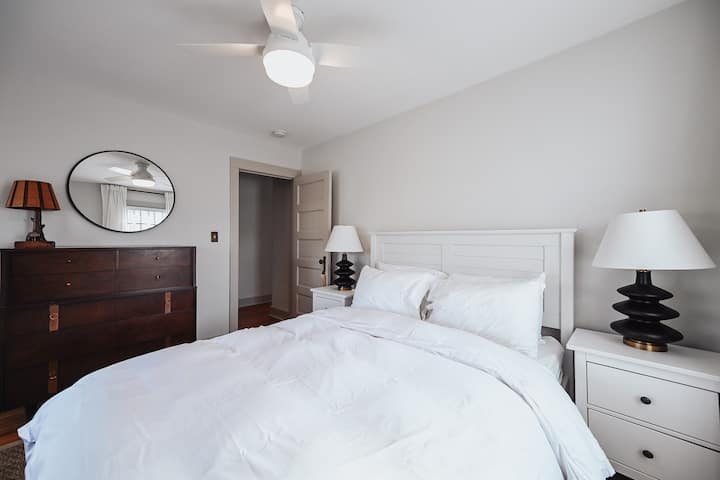 Bedroom 2 comes furnished with Queen-sized bed, organic sateen cotton sheets, dresser, closet, sitting area and mirror. 