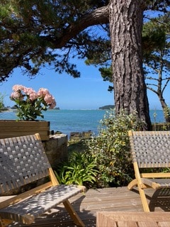 A scenic outdoor seating area is presented, featuring two wooden chairs positioned on a deck. Lush greenery surrounds the space, and pink hydrangeas are visible nearby. The view reveals calm waters and a distant landform under a clear blue sky.