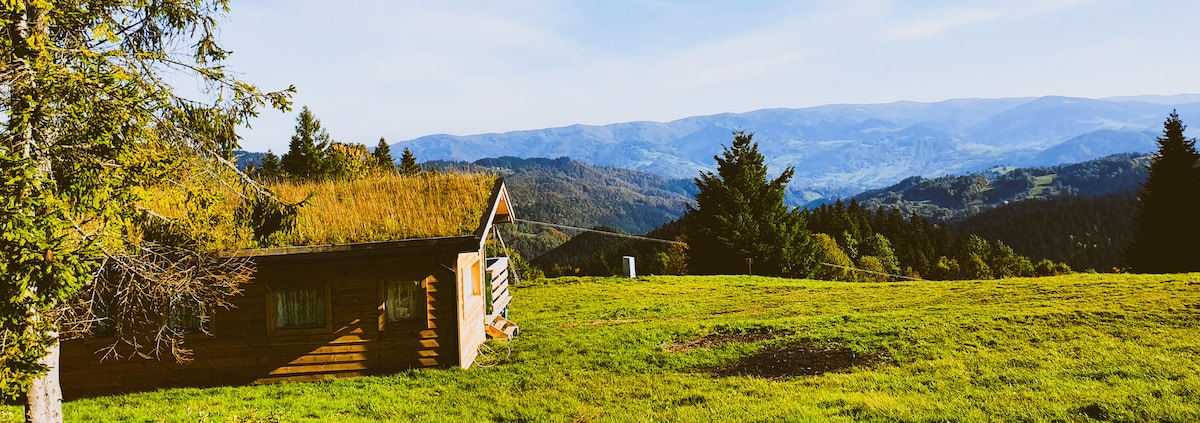 A wooden cottage with a grass roof is nestled in lush green surroundings, offering sweeping views of distant mountains and valleys. The landscape features a mix of trees and open fields, creating a serene and natural setting.