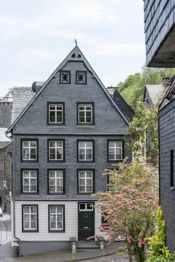 A multi-story gray house with a distinctive triangular roof is displayed. Large windows are visible, framed in black, allowing for ample natural light. A flower bush in the foreground adds a touch of color to the scene, complementing the traditional architecture.
