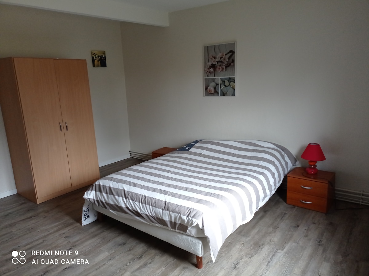 A well-lit bedroom features a spacious bed with striped bedding. Two wooden bedside tables are positioned beside the bed, with one table featuring a red lamp. A wardrobe stands against the wall, and a floral artwork adorns the adjacent wall, enhancing the room's simplicity.
