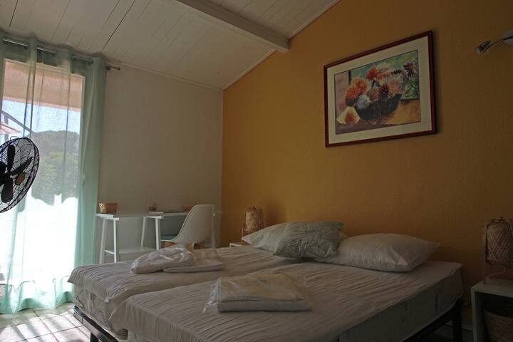 Chumba cha kulala cha manjano, kilicho na vitanda 2 80 sentimita, au kitanda cha 160, cha kuchagua!