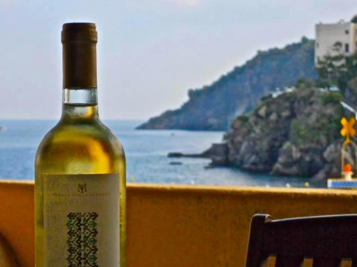 A wine bottle is positioned prominently on a table, overlooking a serene coastal view. Gentle waves lap against the shore, with rocky cliffs rising in the background. The soft hues of the sky reflect a calming atmosphere, inviting relaxation.