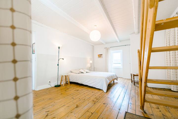 25 მ2 ფართობის დიდი საძინებელი დიდი საწოლით, სათავსოთი  და საოფისე სივრცით 