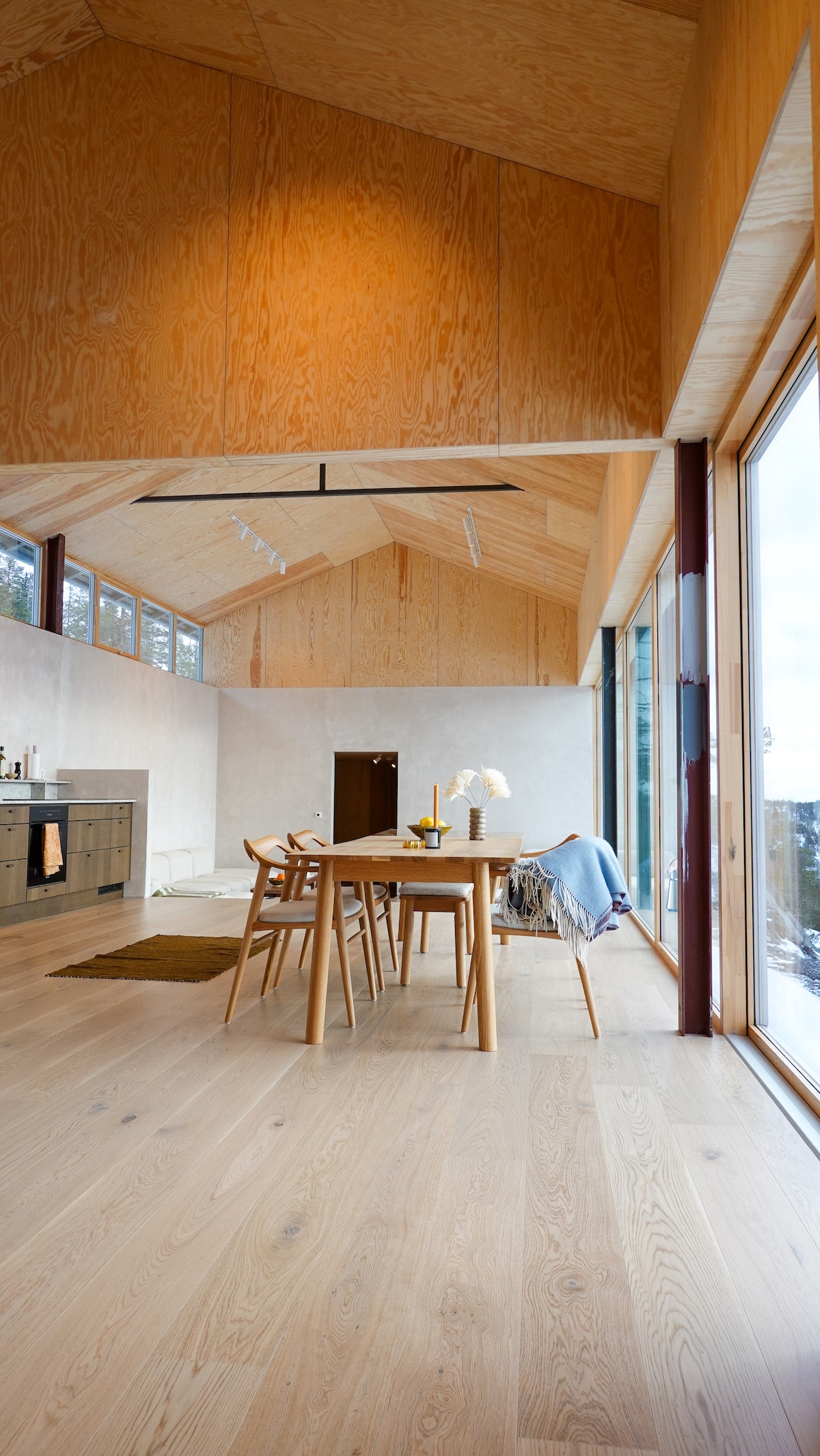 An open dining area features a wooden table surrounded by several chairs. A soft rug lies beneath the table. Natural light enters through expansive glass doors, illuminating the light wood ceiling and walls. A cozy throw blanket is draped over the back of one chair.