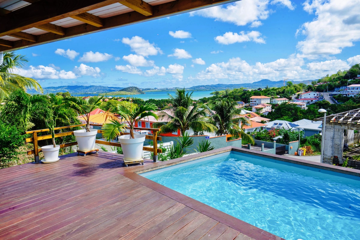 A private pool is visible in the foreground, surrounded by a wooden deck. Large planters with lush green foliage are positioned around the pool area, while a panoramic view of the ocean and neighboring hills is presented in the background, under a partly cloudy sky.