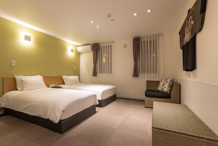 This bedroom is a twin room for 2 with ensuite private shower room. Single beds are presented as standard, or a king bed may be requested at the time of booking.