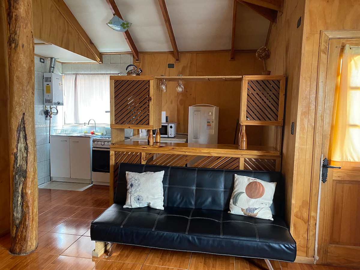 A cozy living area features a dark leather sofa positioned against wooden walls. Light enters through a nearby window, illuminating the space. Behind the sofa, a wooden divider showcases decorative items. A small kitchenette is visible in the background, equipped with essential appliances.