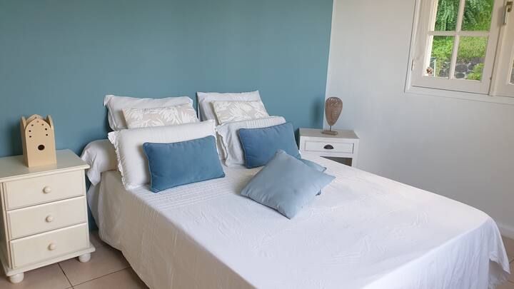 chambre de 12m2 avec un lit double et 2 ouvertures fenêtres sur le jardin pour plus de luminosité avec placards intégrés.