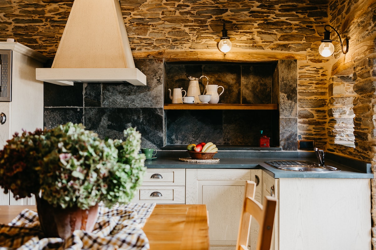 A kitchen area is shown, featuring dark stone walls and a light-colored countertop. Open shelves hold various dishes and utensils. A bowl of fruit sits on a wooden table, and a potted plant adds a touch of greenery to the scene.