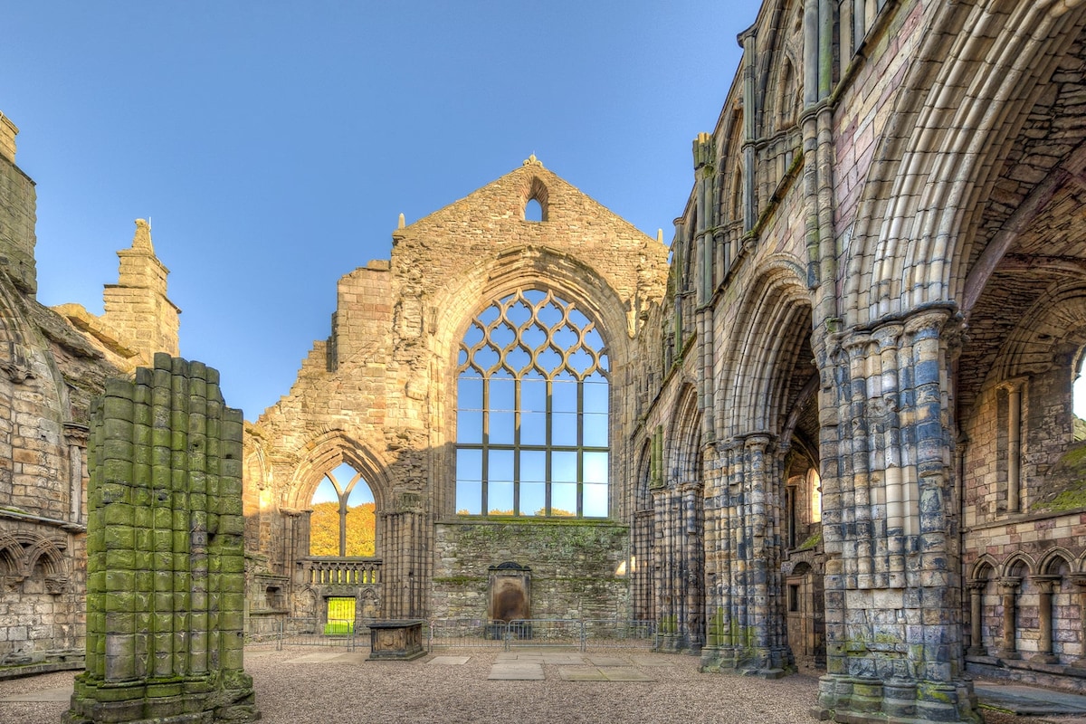 The image displays the striking interior of a historic abbey ruin, showcasing tall stone arches and extensive stonework. Natural light floods in through the large, intricately designed windows. Moss-covered pillars and the remnants of walls evoke a sense of history within this serene space.