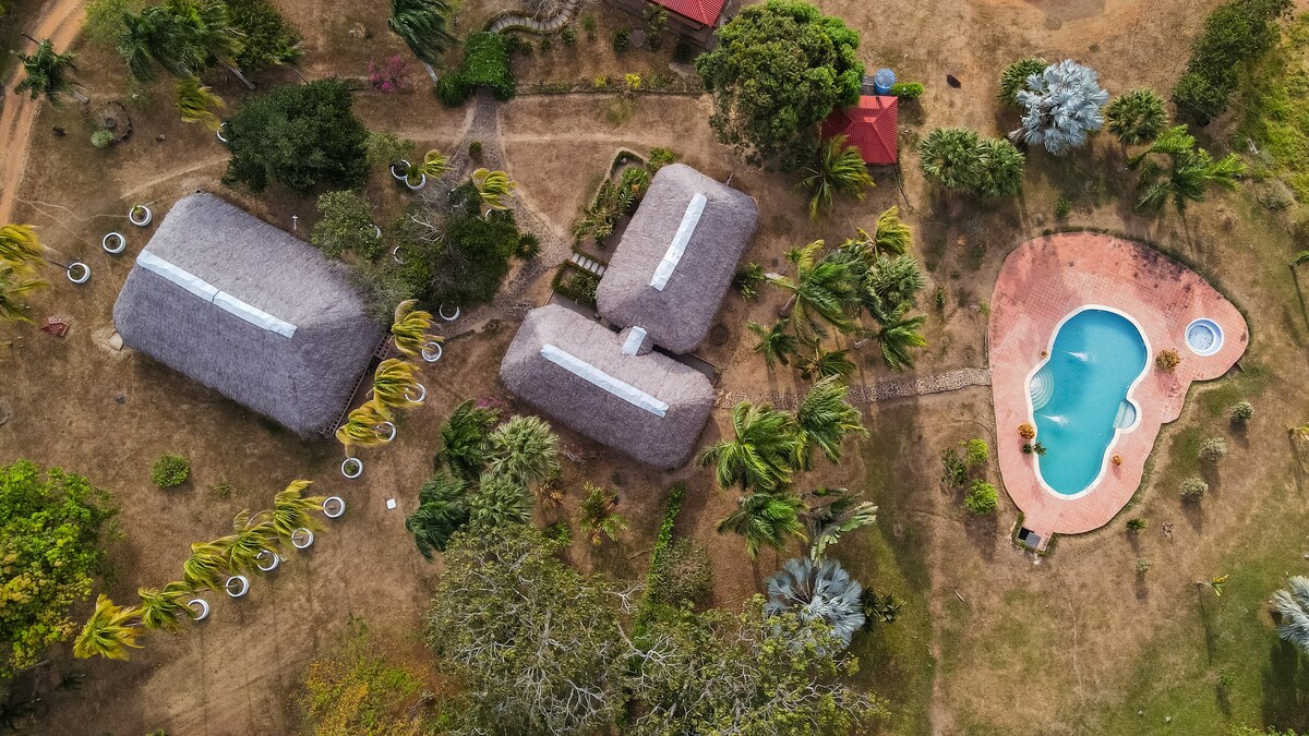 An aerial view displays the layout of the property, featuring three ranchos with thatched roofs and surrounding greenery. A pool is positioned nearby, with a unique shape and deck area visible. Paths meander through the landscape, connecting the different outdoor spaces.