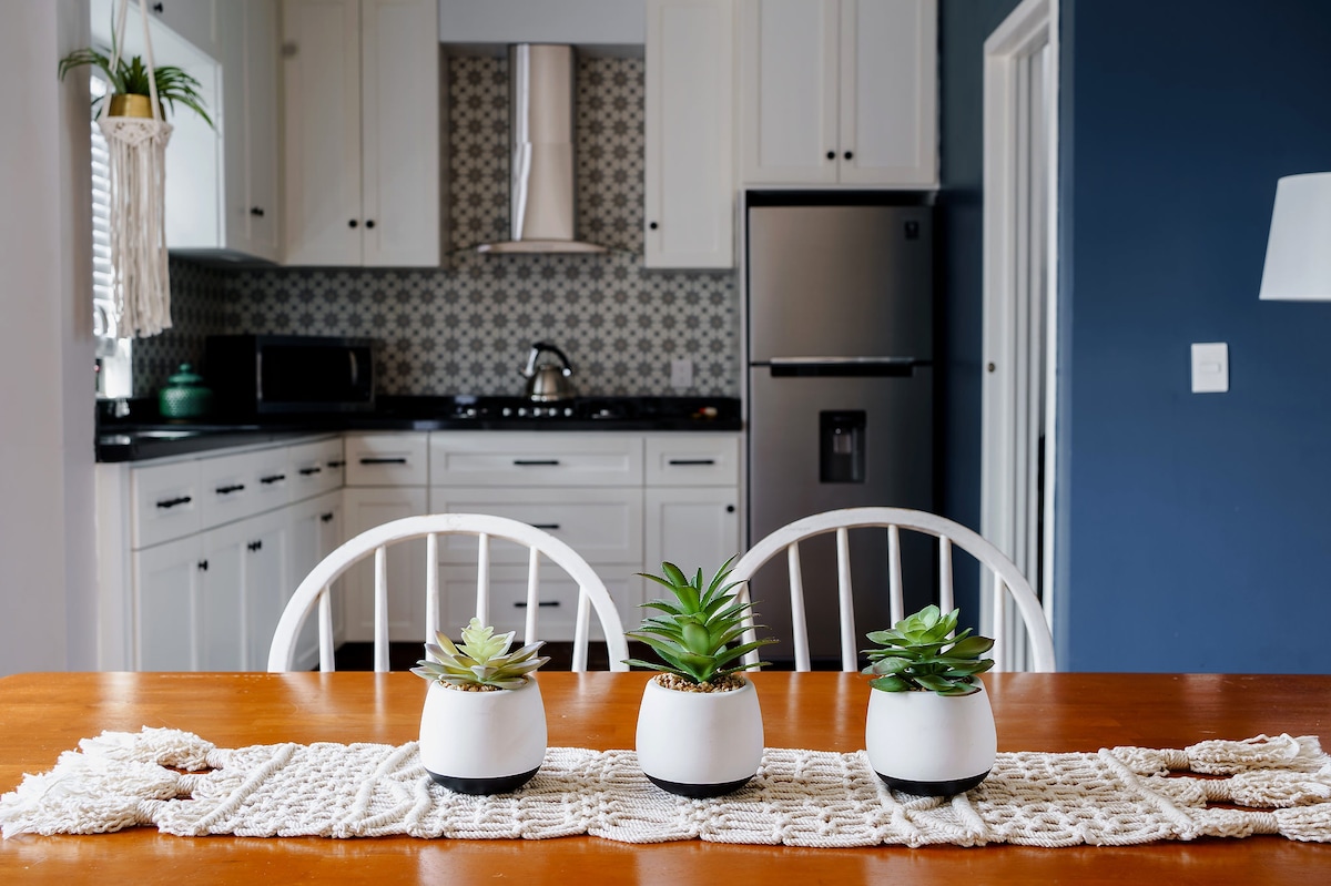 A dining area features a wooden table adorned with a woven runner. Three potted plants are arranged in a row, complementing the light-colored chairs. The kitchen backdrop includes modern cabinetry and appliances, with patterned tiles adding texture to the space.