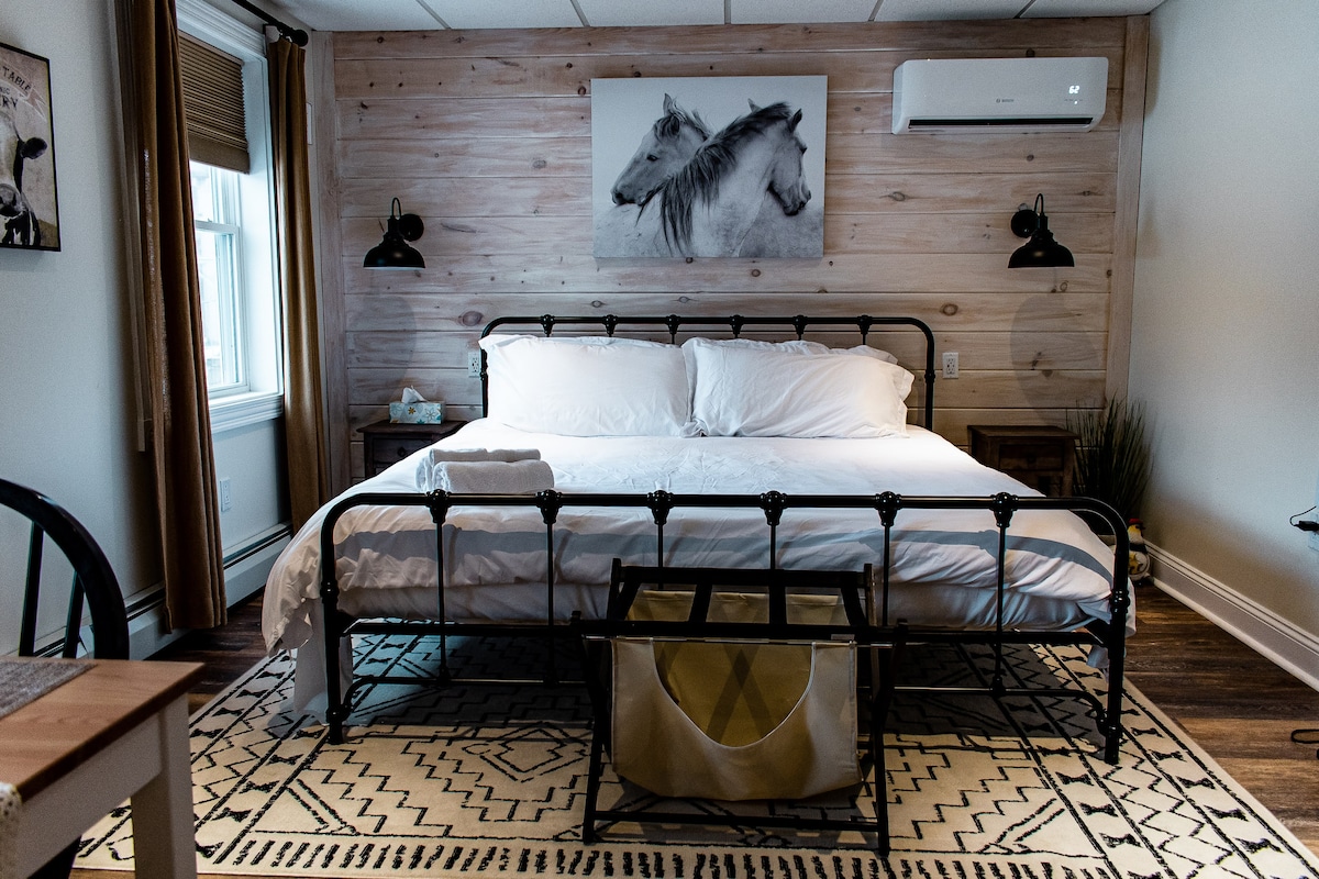 A spacious king bed framed by dark metal rests on a geometric patterned rug. Natural light filters through a nearby window adorned with light curtains. A minimalist wall art piece featuring horses is displayed above the bed, complemented by two wall-mounted lamps.