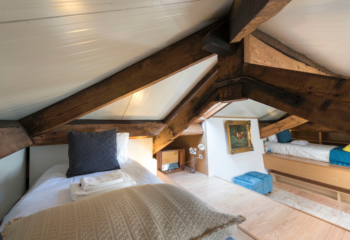 Attic nzuri na vitanda viwili vya mtu mmoja na mwanga wa asili. 