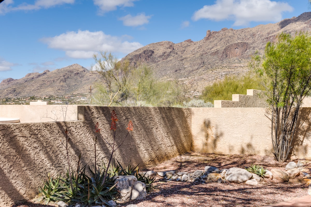 A serene outdoor space showcases desert landscaping, with various plants including agave and mesquite. The sun casts soft shadows on the textured wall, while dramatic mountain peaks rise in the background beneath a clear blue sky.