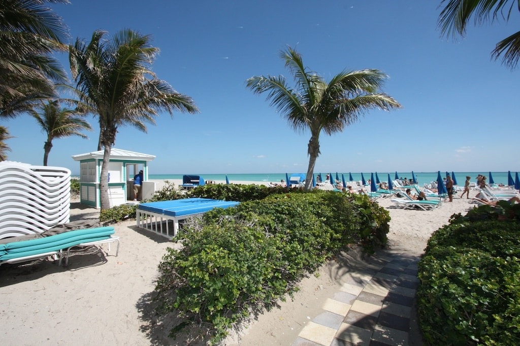 The beach area is lined with palm trees, offering shade and a tropical ambiance. Beach chairs and umbrellas are arranged along the sand, and a small structure is visible in the background. A pathway leads through well-maintained greenery towards the ocean.