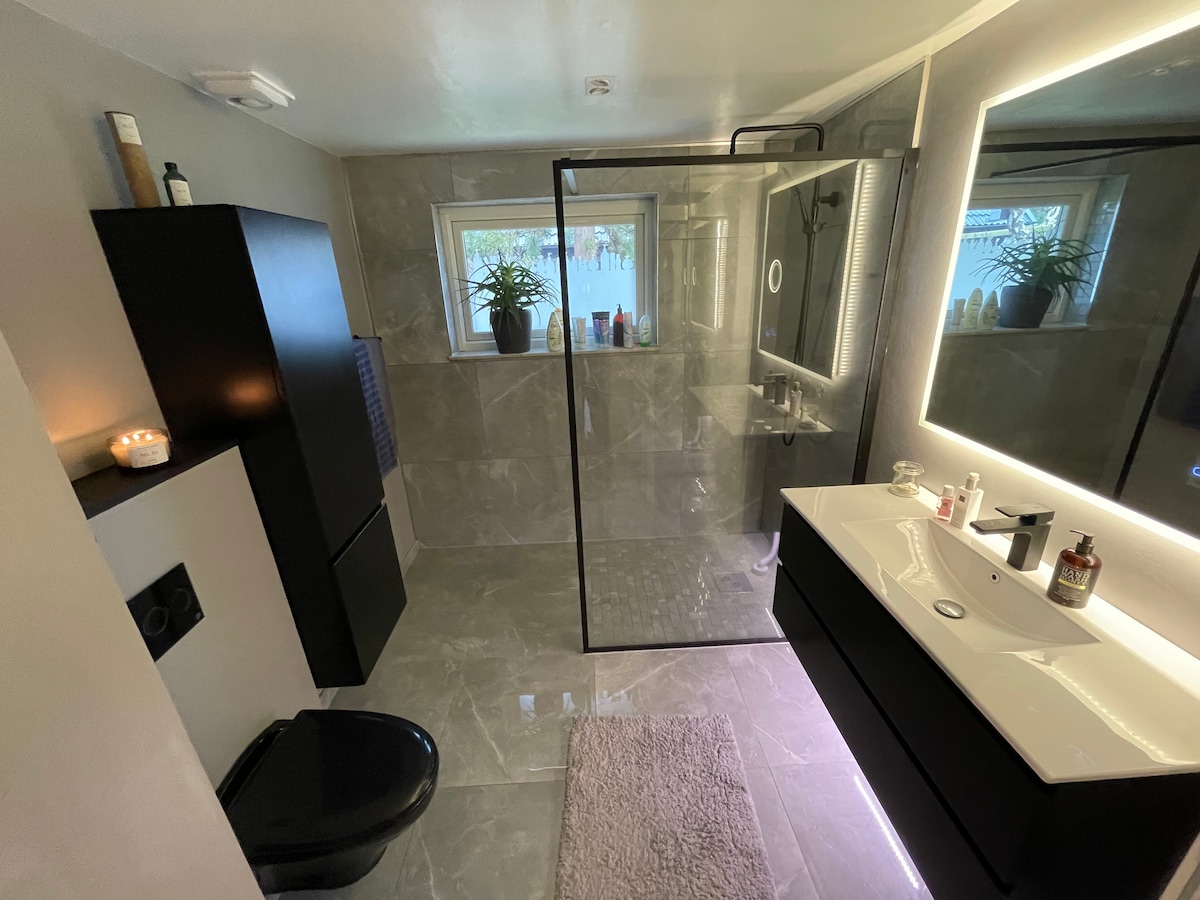 A modern bathroom features sleek black cabinetry and a spacious walk-in shower with glass enclosure. Soft lighting is provided by a backlit mirror above the vanity. Green plants are positioned on the window sill, contributing to a calm ambiance.