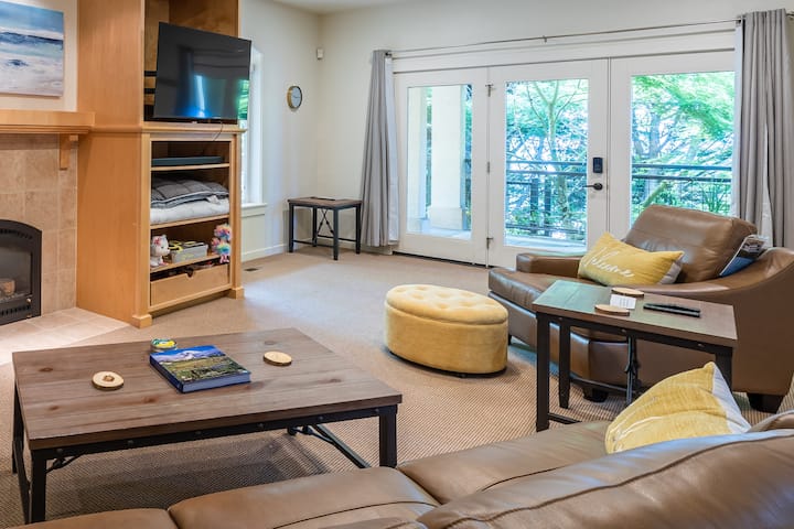 Entrée principale et salon avec cheminée à gaz et télévision.