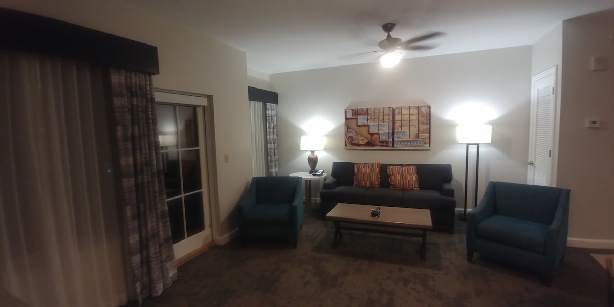 A spacious living area is presented with two blue armchairs and a dark sofa, arranged around a central coffee table. Two floor lamps provide soft lighting, enhancing the room's comfort. Large windows with sheer curtains allow natural light to brighten the space.