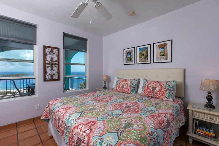 เตียงระดับมาสเตอร์แสดงหน้าต่างบานใหญ่ 2 บานจาก 4 บานที่มองเห็นทะเลแคริบเบียนและอ่าวโง่เขลาของจอห์นส์